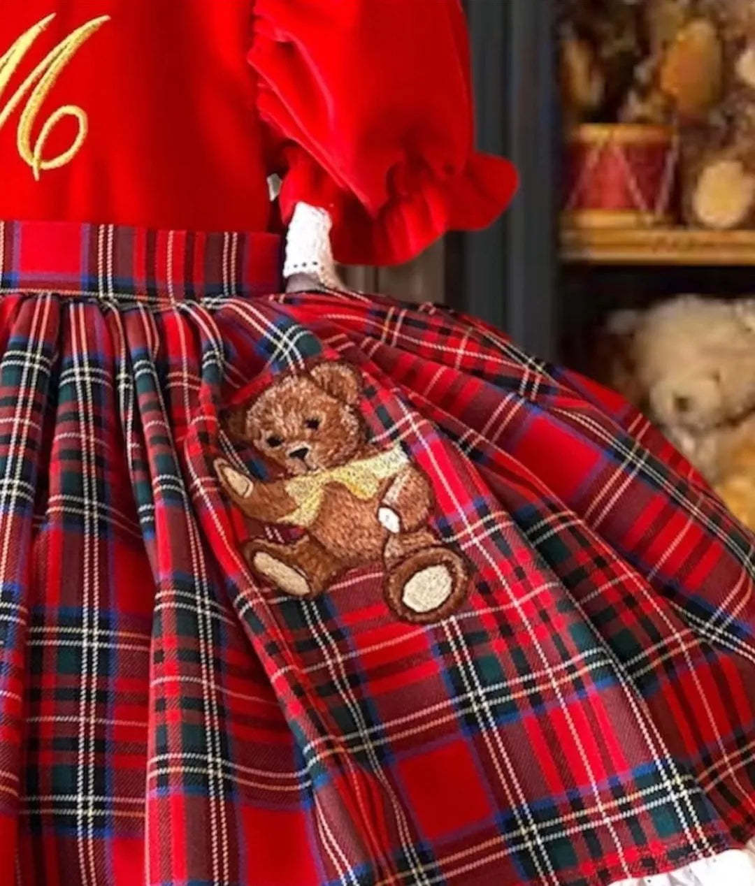 0-12Y Baby Girl Autumn Winter Red Velvet Plaid Bear Embroidery Vintage Spanish Princess Ball Gown Dress for Christmas Eid Causal