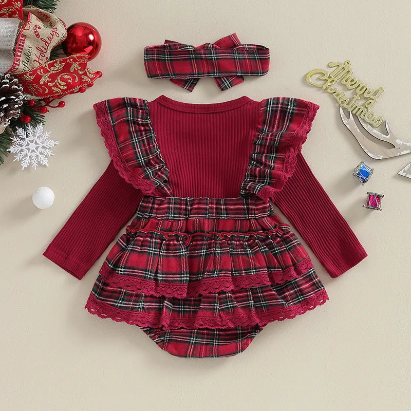 ma&baby 0-18M Christmas Newborn Infant Baby Girl Rompers Long Sleeve Lace Ruffle Knit Jumpsuit Headband Xmas Outfits Costume D05