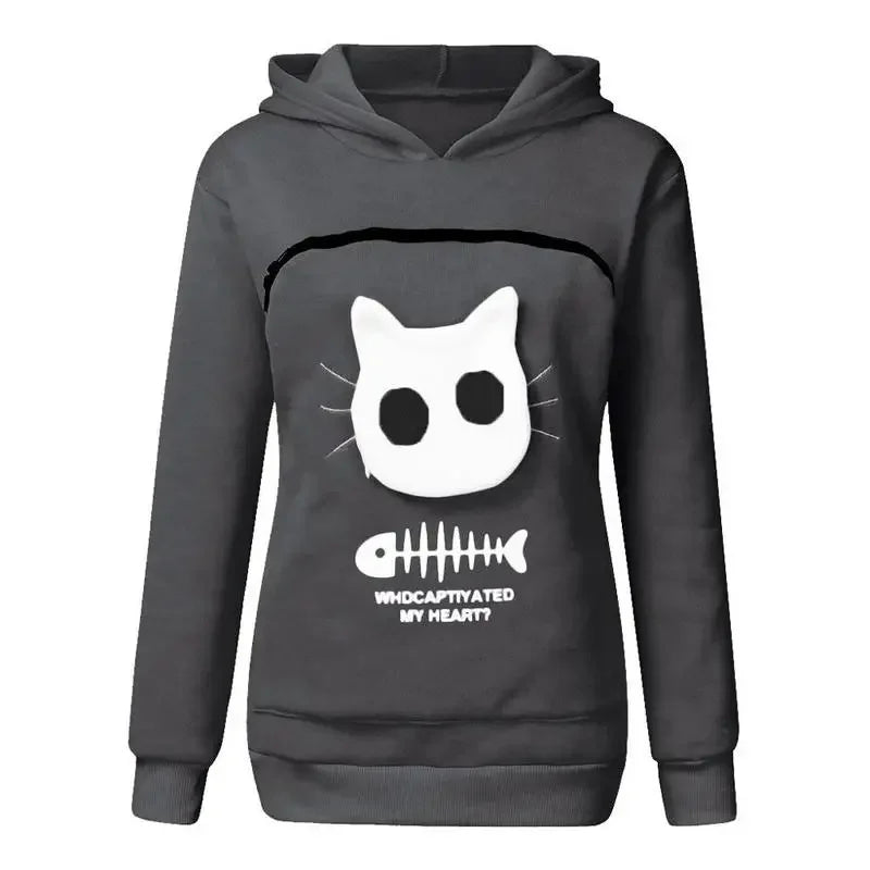 3XL Winter Hoodies Sweatshirt Women Animal Pouch Hood Pullover Blouse Tops Lady Carry Cat Breathable Sweatshirts Plus Size