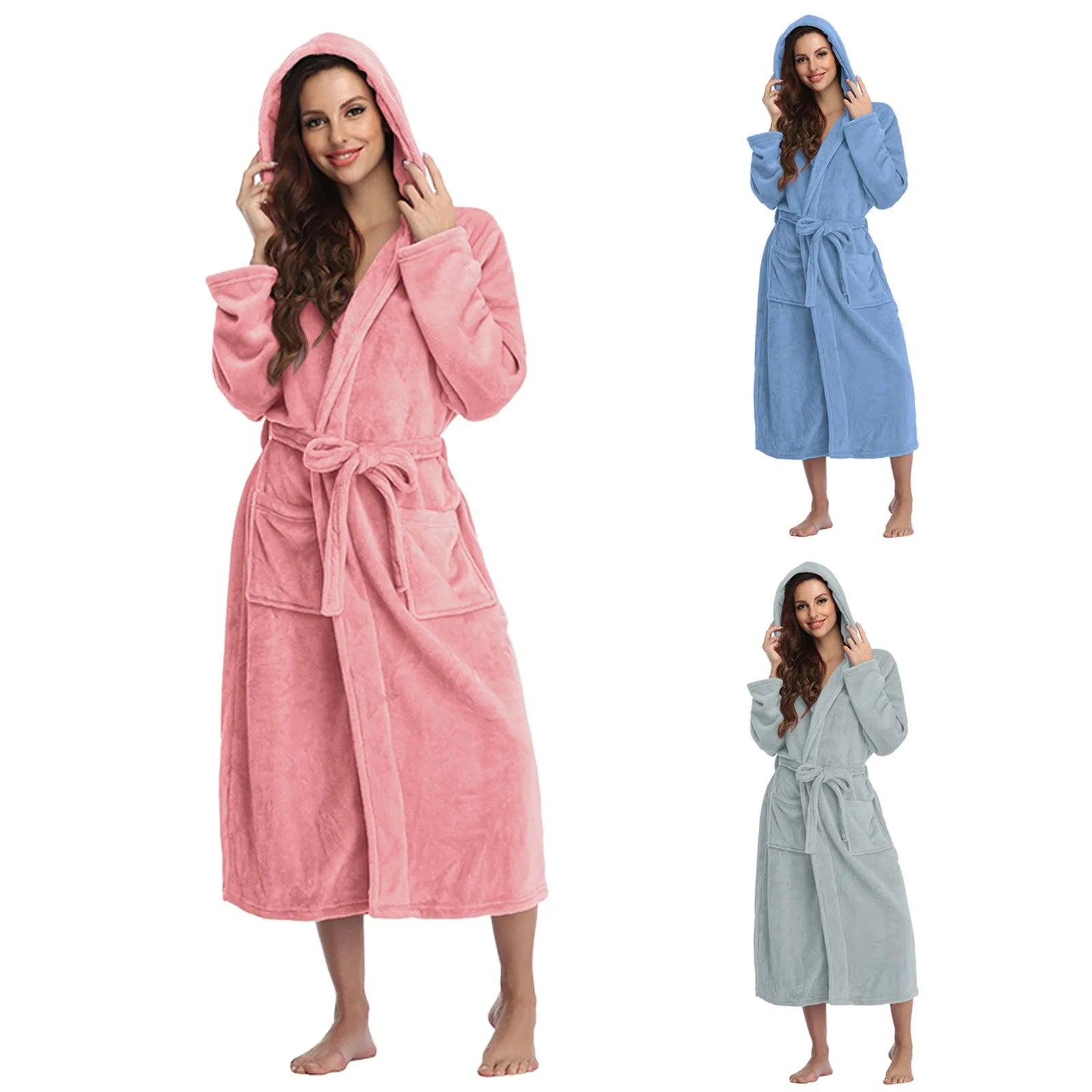 New Autumn Solid Hooded Robe Bathrobe Women Winter Warm Plush Lightweight Soft Nightgown Robes Female Casual Home Dressing Gowns