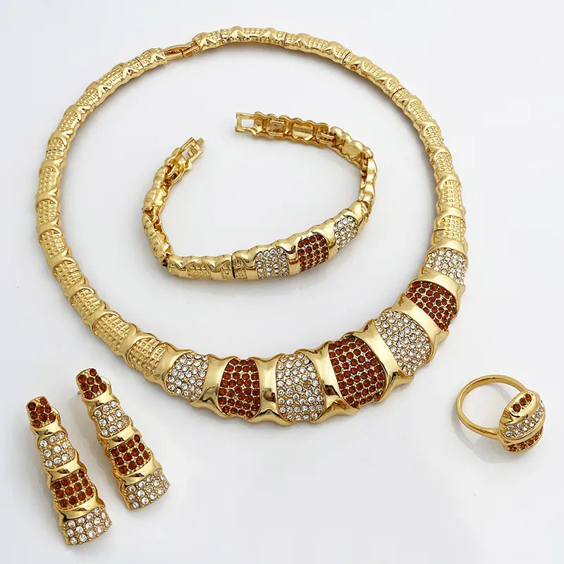 Latest Dubai Gold Color Jewelry Sets Luxury 18K Gold Plated Women Necklaces Earrings Ring Bracelet Wedding Party Accessories