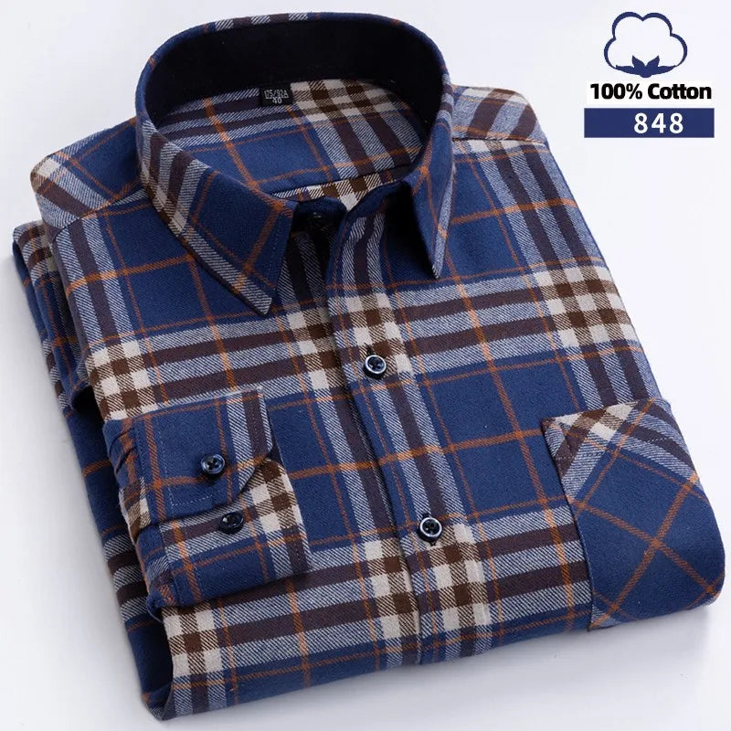 2022 Slim Camisas Shirt Male Pocket Button Social Clothing 100% Cotton  Mens Plaid Shirts For Man Long Sleeve Casual Korean