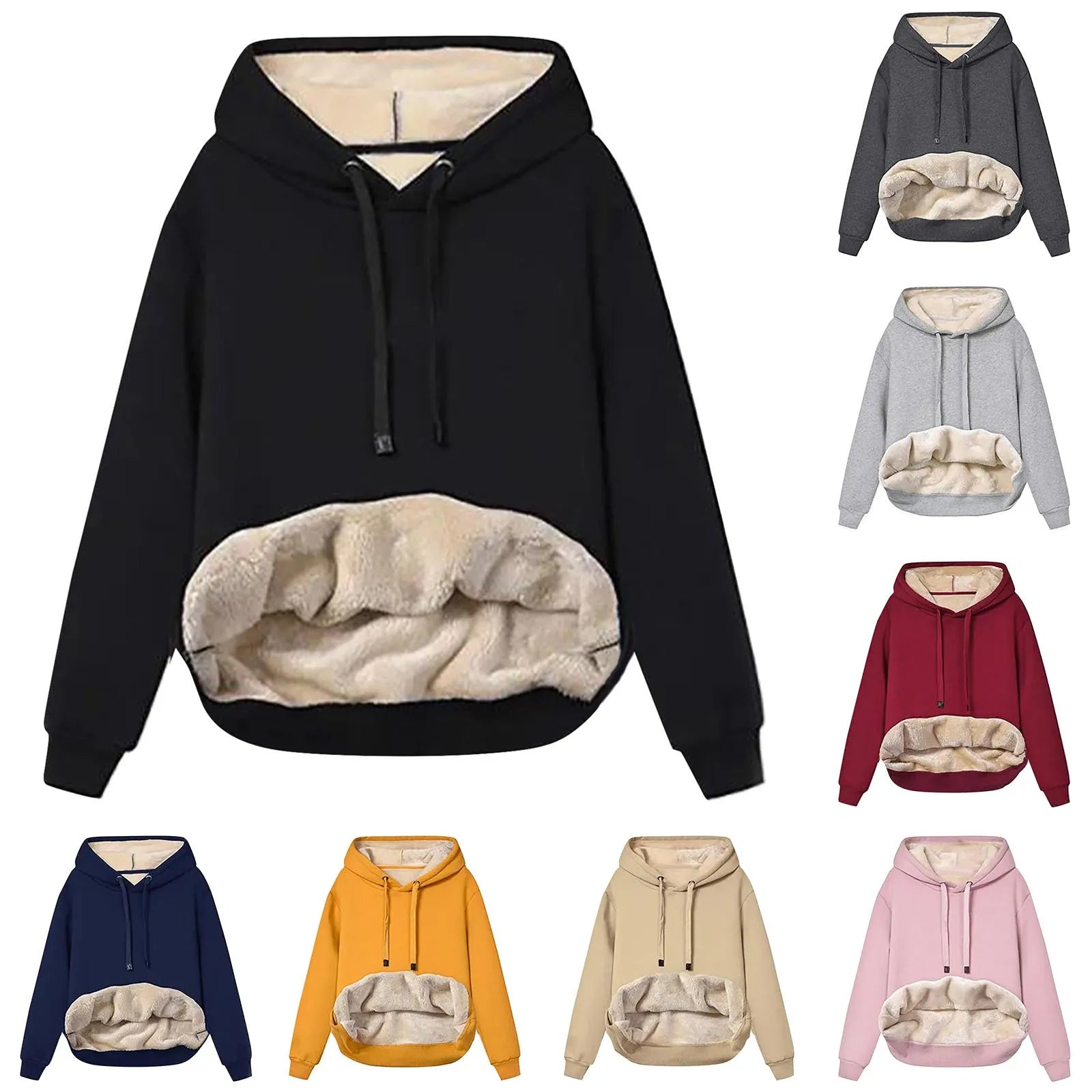 Harajuku Sweatshirt Hoodie Thickened Hooded Solid Color Winter Clothes Women Padded Warm Pullover Sweater Tops Drawstring Coat