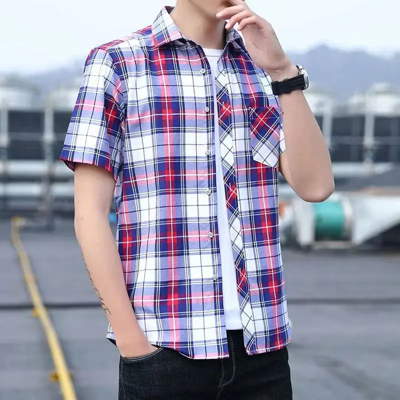 Men Shirt Plaid Short Sleeve Dress Striped Formal Shirt 2020 Summer Casual Slim Fit Pocket High Quality Business Dropshipping