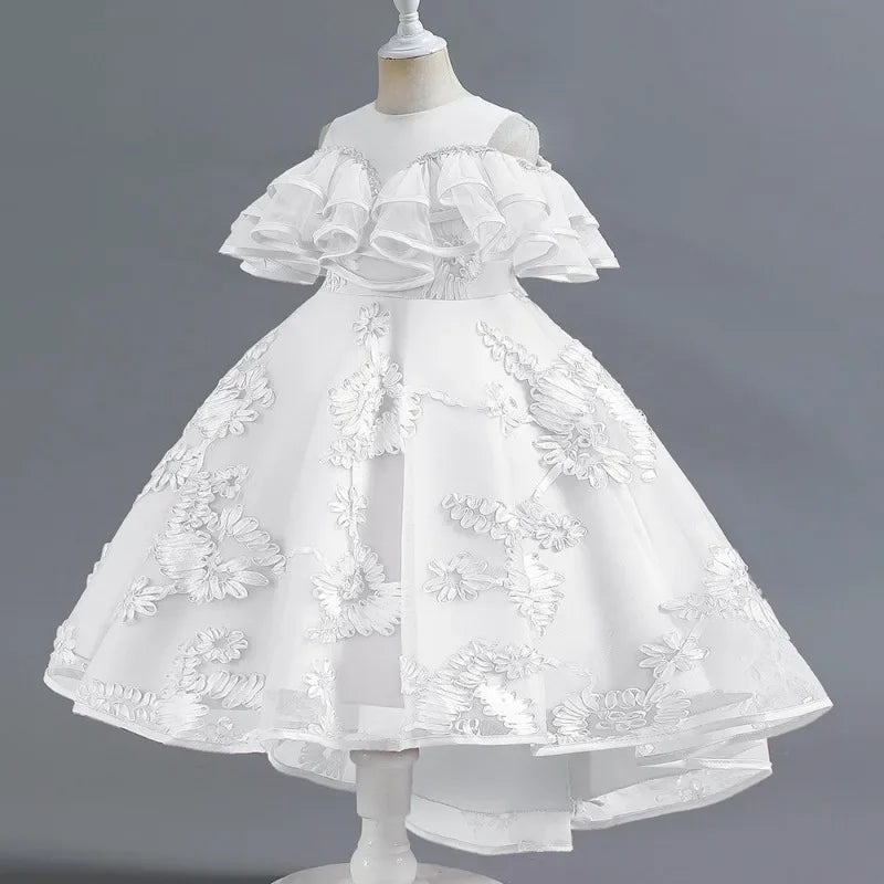 New Princess Girls Embroidery Flower Trailing Dress Children Kids Elegant Wedding Vestidos Children Clothing For 3-12 Years