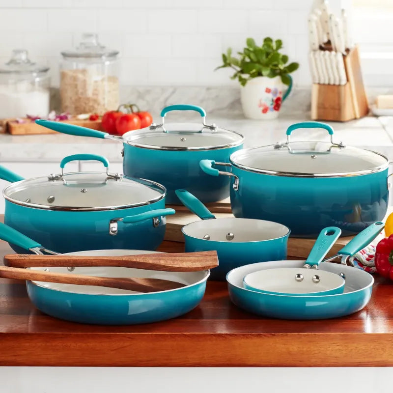 The Pioneer Woman 12-Pieces Porcelain Enamel Classic Ceramic Cookware Set, Ombre Teal camp kitchen