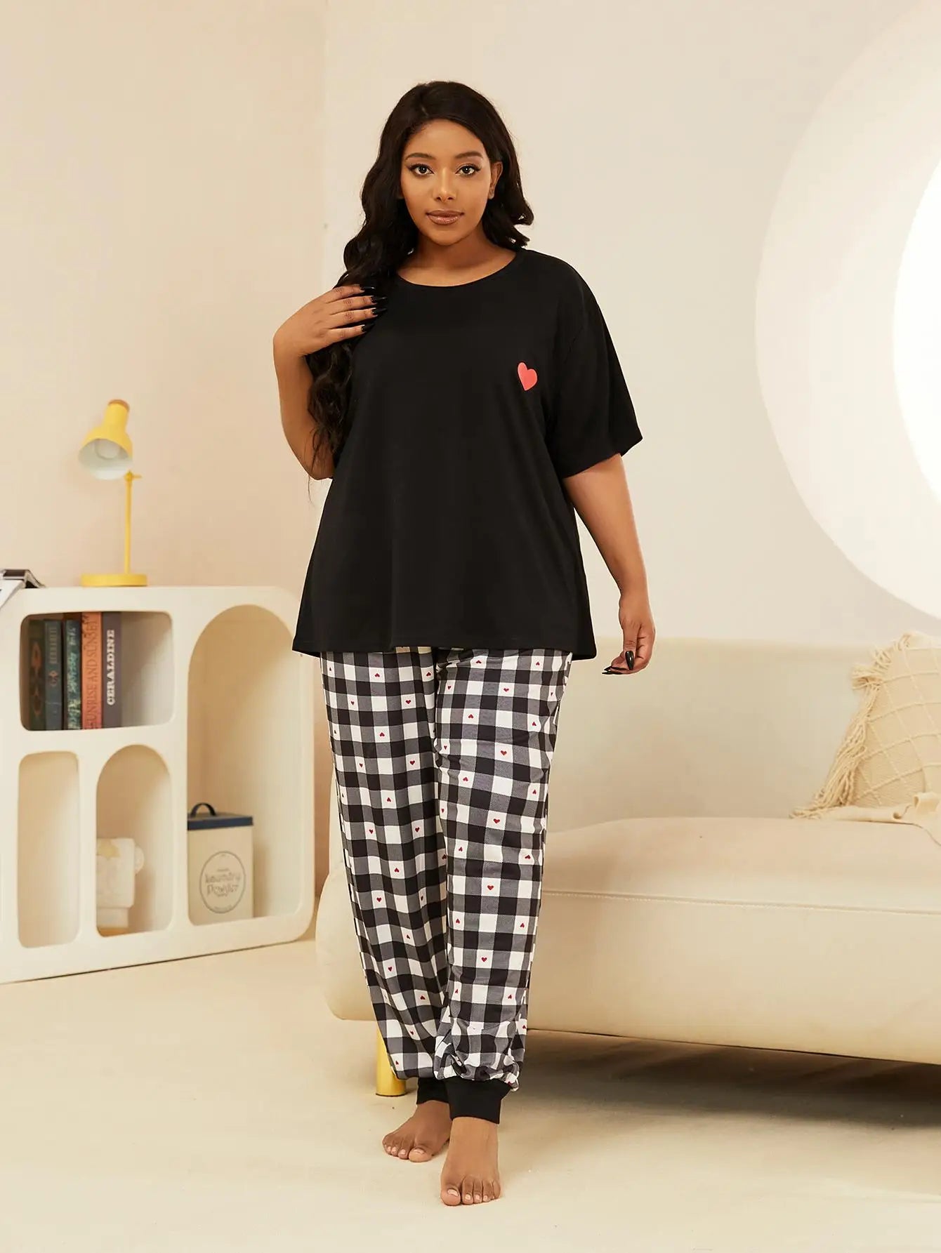 Plus Size Women's Pajamas Set Scew Neck Plaid Love Print Summer Short Sleeves Sleepwear Drawstring Long Btoom Nightwear Clothes