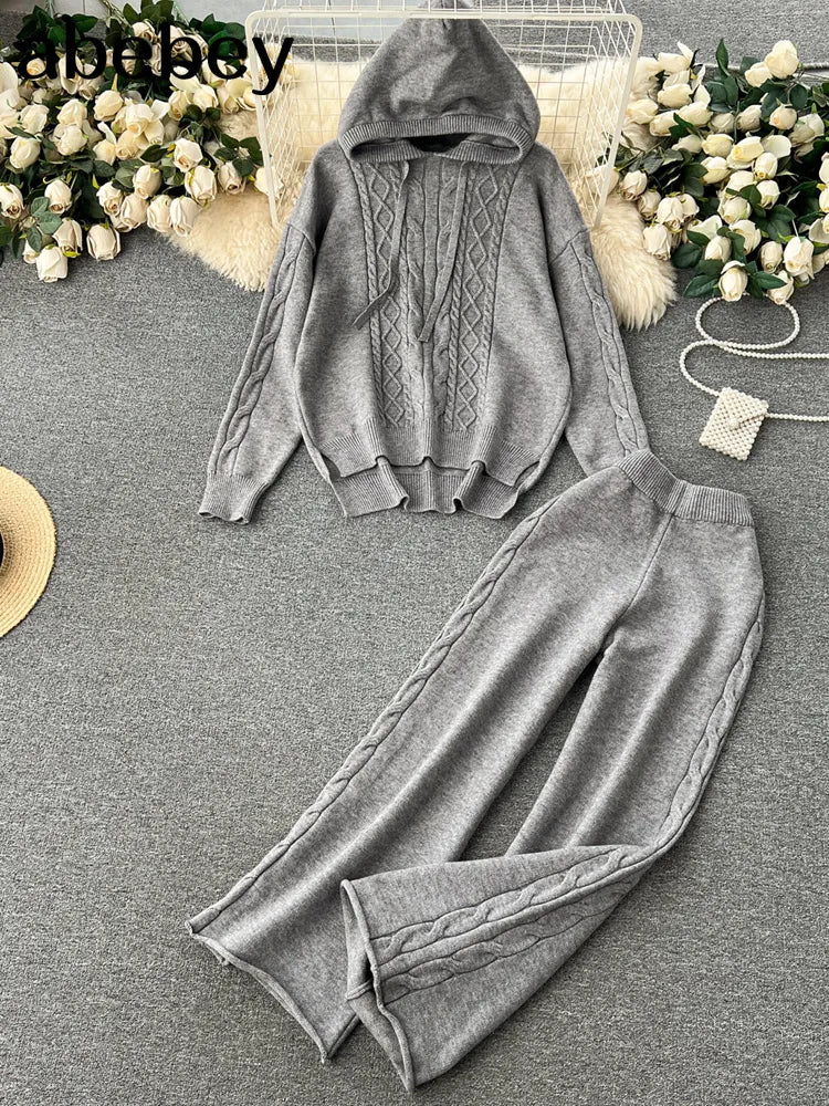 Two Piece With Hat Autumn Women Sweater Tracksuit Fashion loose Sweater+Pant Female Knit Warm Set Wide Leg Pants Suits Trousers