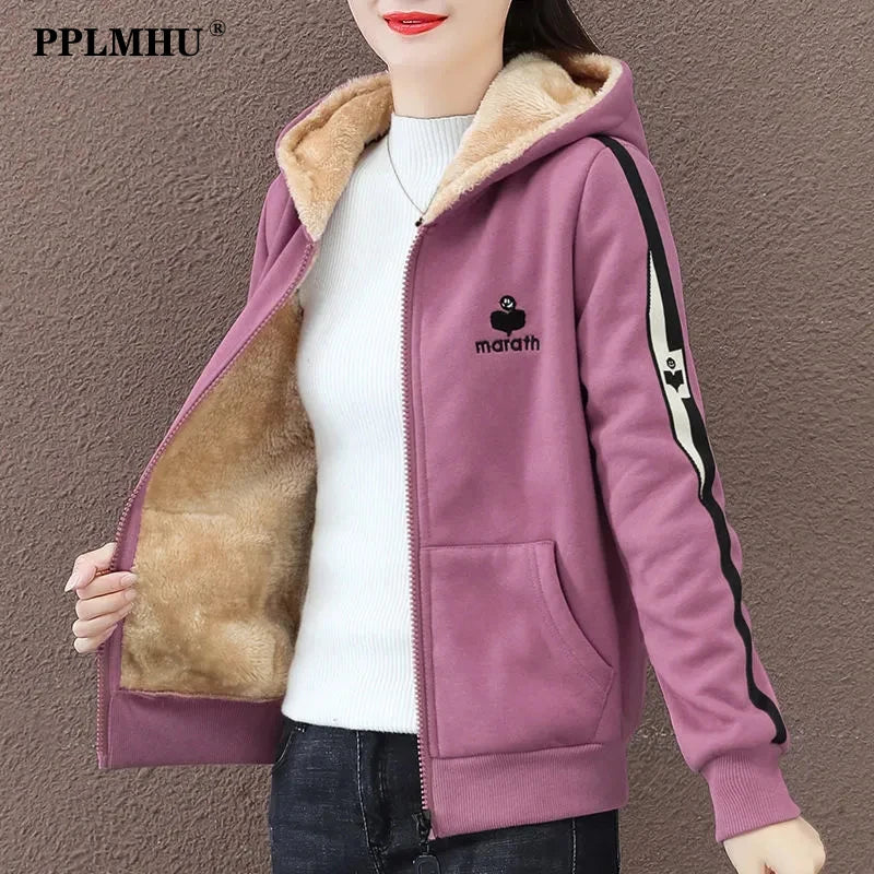 Casual Loose Zip Up Short Fleece Jacket Women Autumn Korean Long Sleeve Hooded Sweatshirt Streetwear Fashion Sports Hoodies Tops