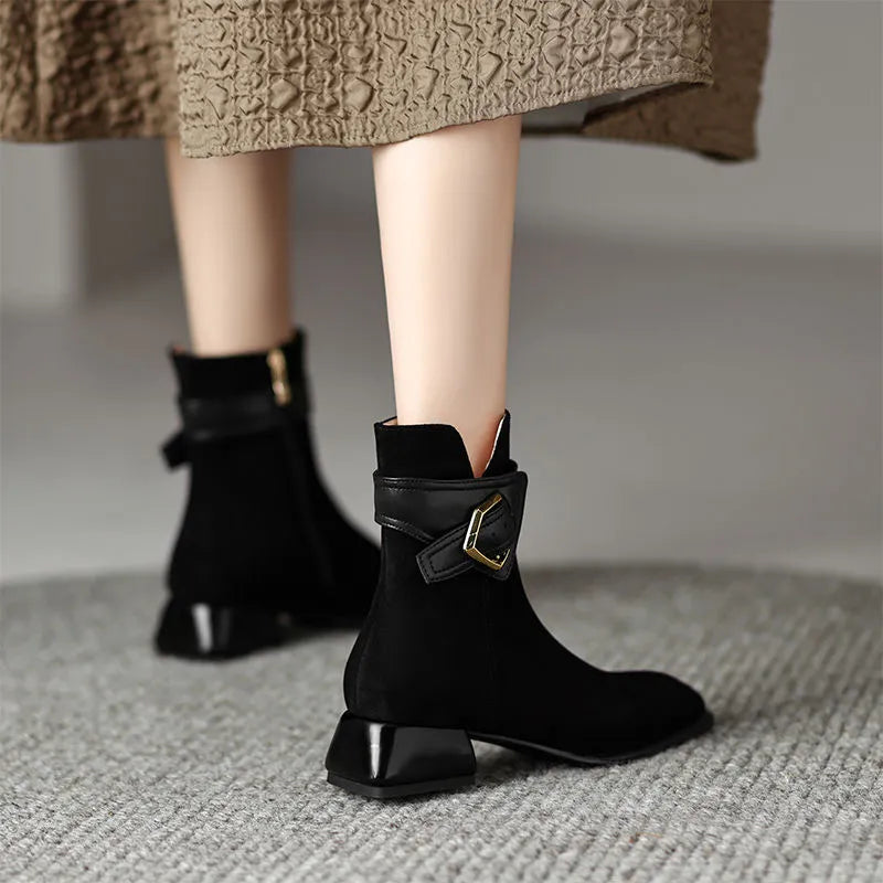 British Style Low Heels Ankle Boots Women 2023 Autumn Suede Faux Square Toe Short Boots Woman Thick Heeled Cowgirl Botas Shoes