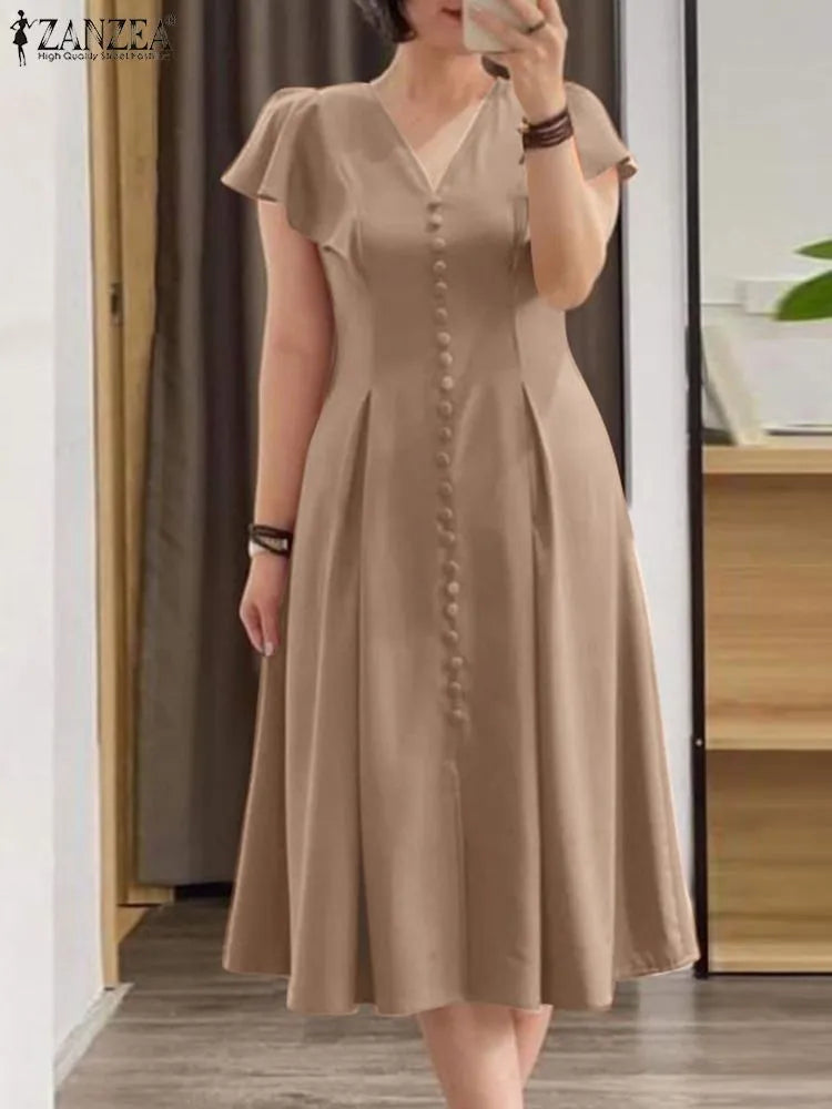 ZANZEA Summer Elegant V Neck Short Sleeve Dress Fashion Women Solid Pleated Mid-calf Sundress Robe Femme Work OL Vestido Kaftan