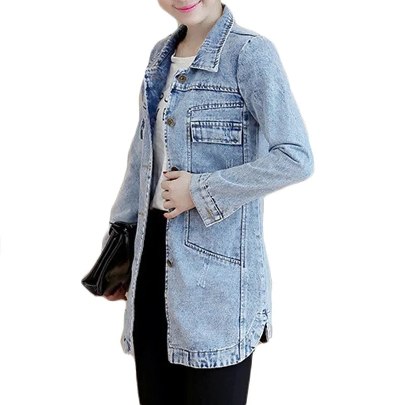 New Autumn Winter Korean Denim Jacket 5XL Women Slim Long Base Coat Women's Frayed Navy Blue Casual Female Jeans Jackets Coats