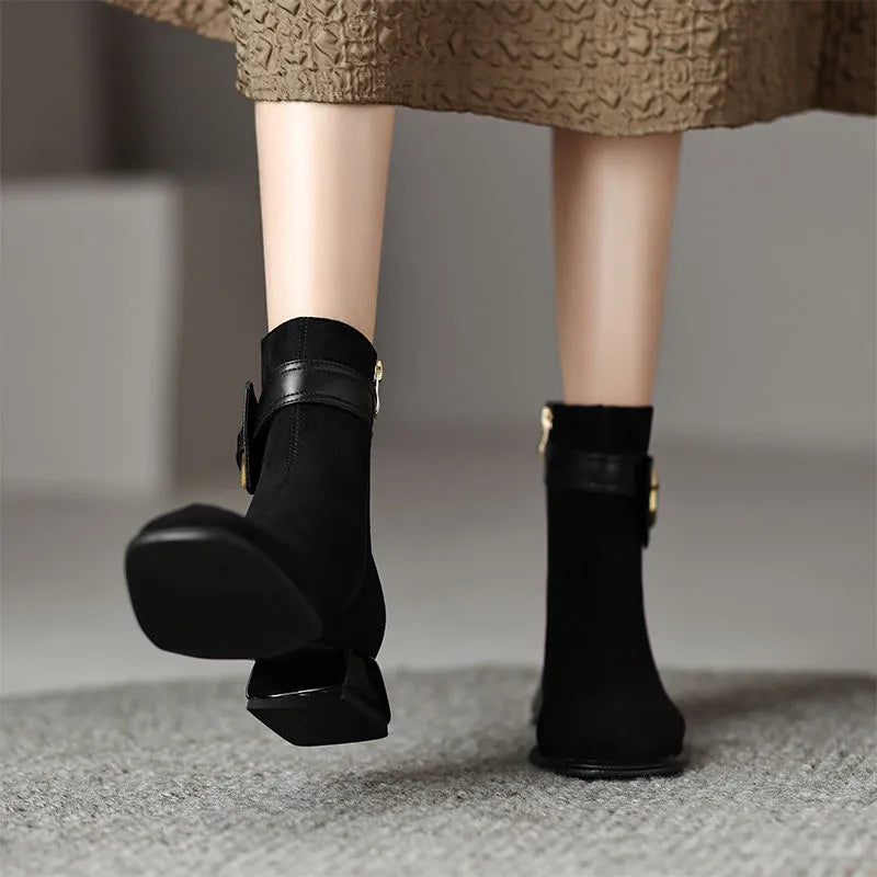 British Style Low Heels Ankle Boots Women 2023 Autumn Suede Faux Square Toe Short Boots Woman Thick Heeled Cowgirl Botas Shoes