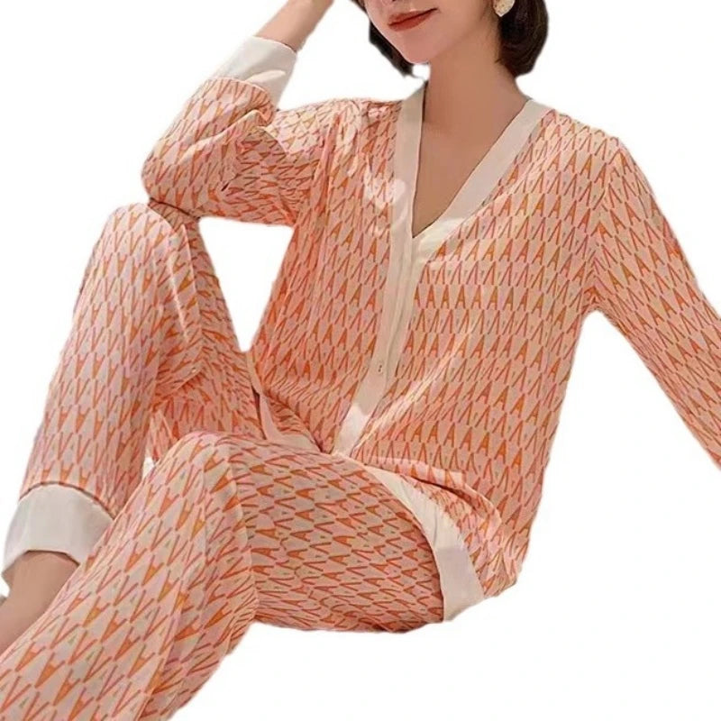 Women's Ice Silk Pajamas Homewear Long Sleeve Two-piece set Spring Summer Loose and Comfortable Pajamas Suit Femme Satin