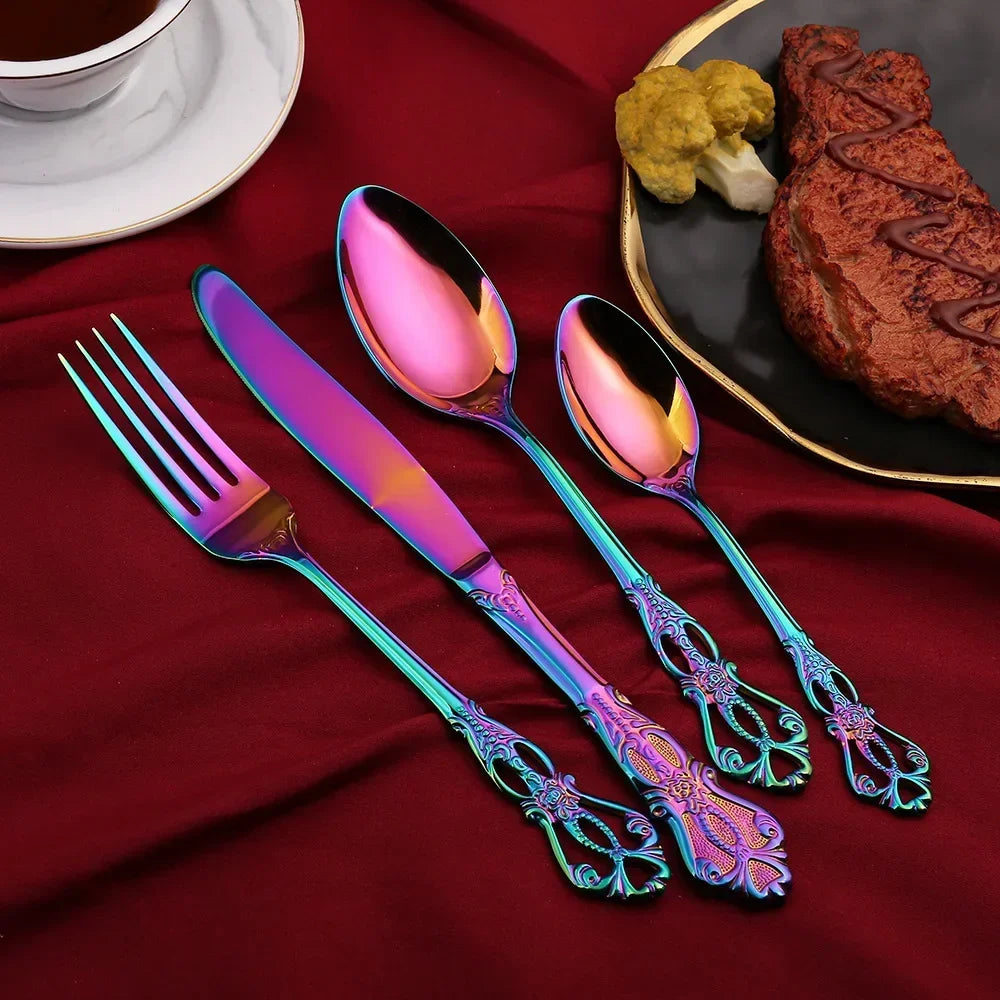 Retro Gold Cutlery Set Luxury Complete Tableware European Style Stainless Steel Spoon Fork Steak Knife Dinnerware Set Gift Box