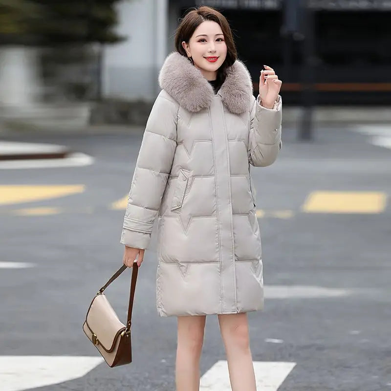 Winter Warm Large Fur Collar Down Coat Women's Fashion Mid Length Hooded Thickened Coat Women' Winter Clothes Women 2023 New