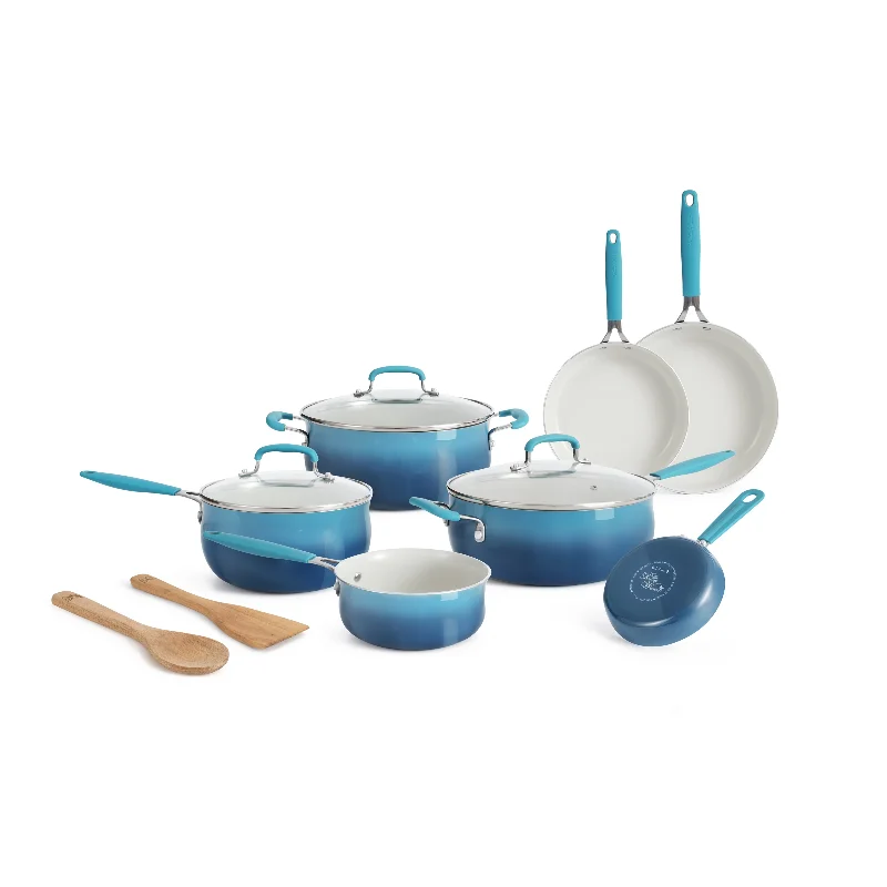 The Pioneer Woman 12-Pieces Porcelain Enamel Classic Ceramic Cookware Set, Ombre Teal camp kitchen