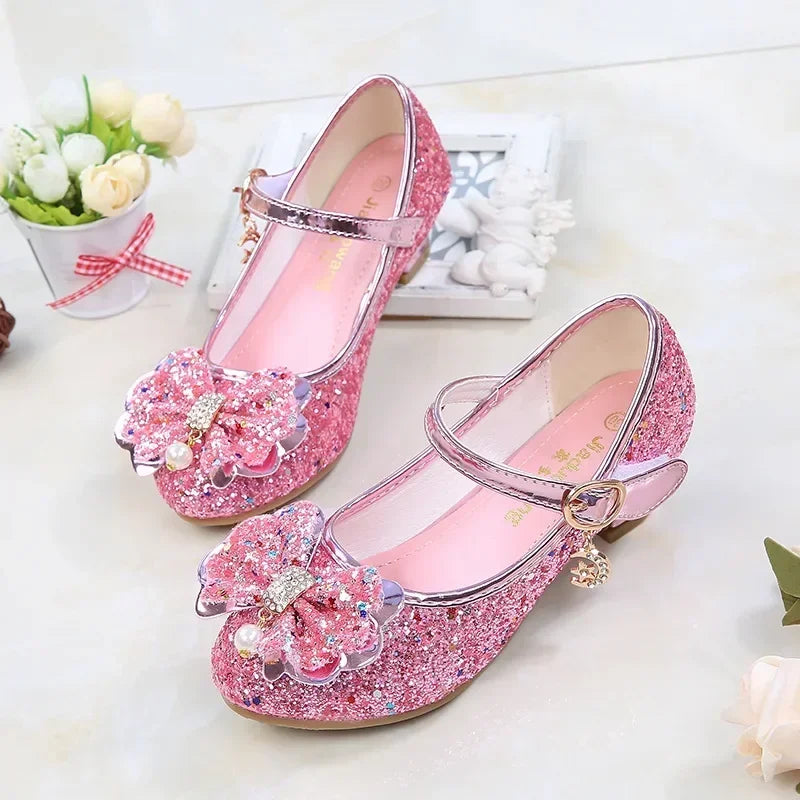 Brand Bow High Heel Shoes for Girls Princess Shoes Children Sequin Leather Shoes Kids Party Wedding Bling Glitter Crystal Shoe