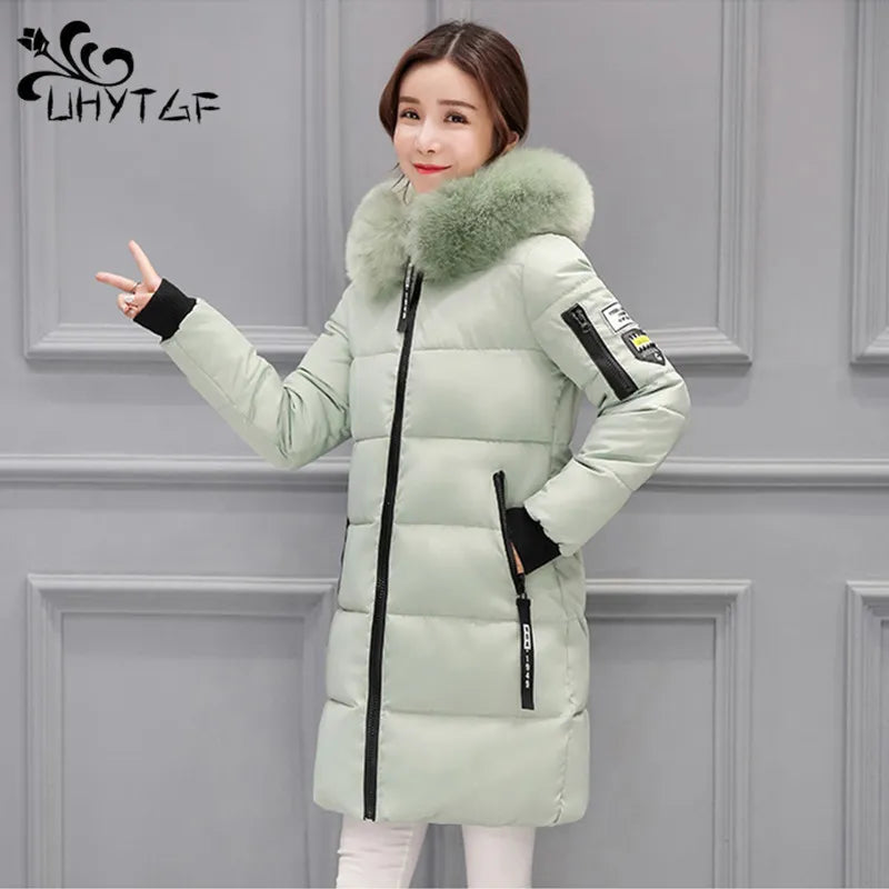 UHYTGF 2023 Winter Women Cold Coat Parkas Mid-length Hooded Padded Women's Jacket Big Fur Collar Warmth Jacket Ladies Outwear