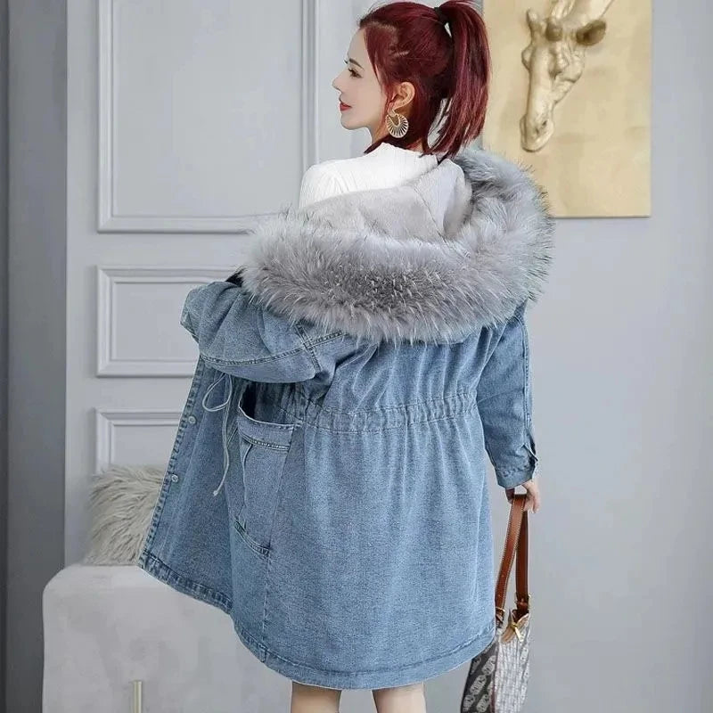 New Fur collar Hooded Fleece Denim Jacket Women's 2023 Winter Loose Thicken Jeans Jackets Female Warm Parka Long Casual Overcoat