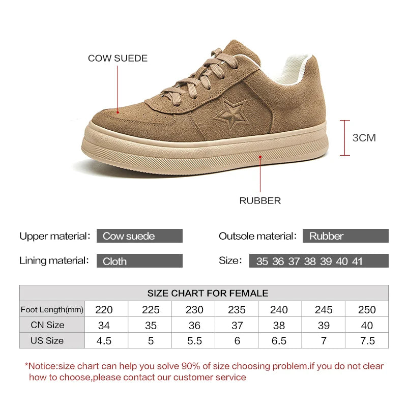 Kangnai Women Casual Shoes Cow Suede Flats Star Pattern Lace-Up Solid Color Sneakers Female Shoes