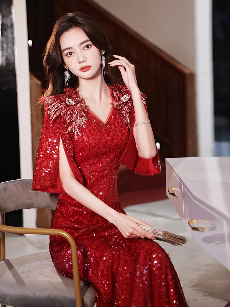 Wine Red Sequin Prom Dresses 2023 Elegant Sweetheart Floor-length Long Mermaid Women Evening Gowns For Special Occasion