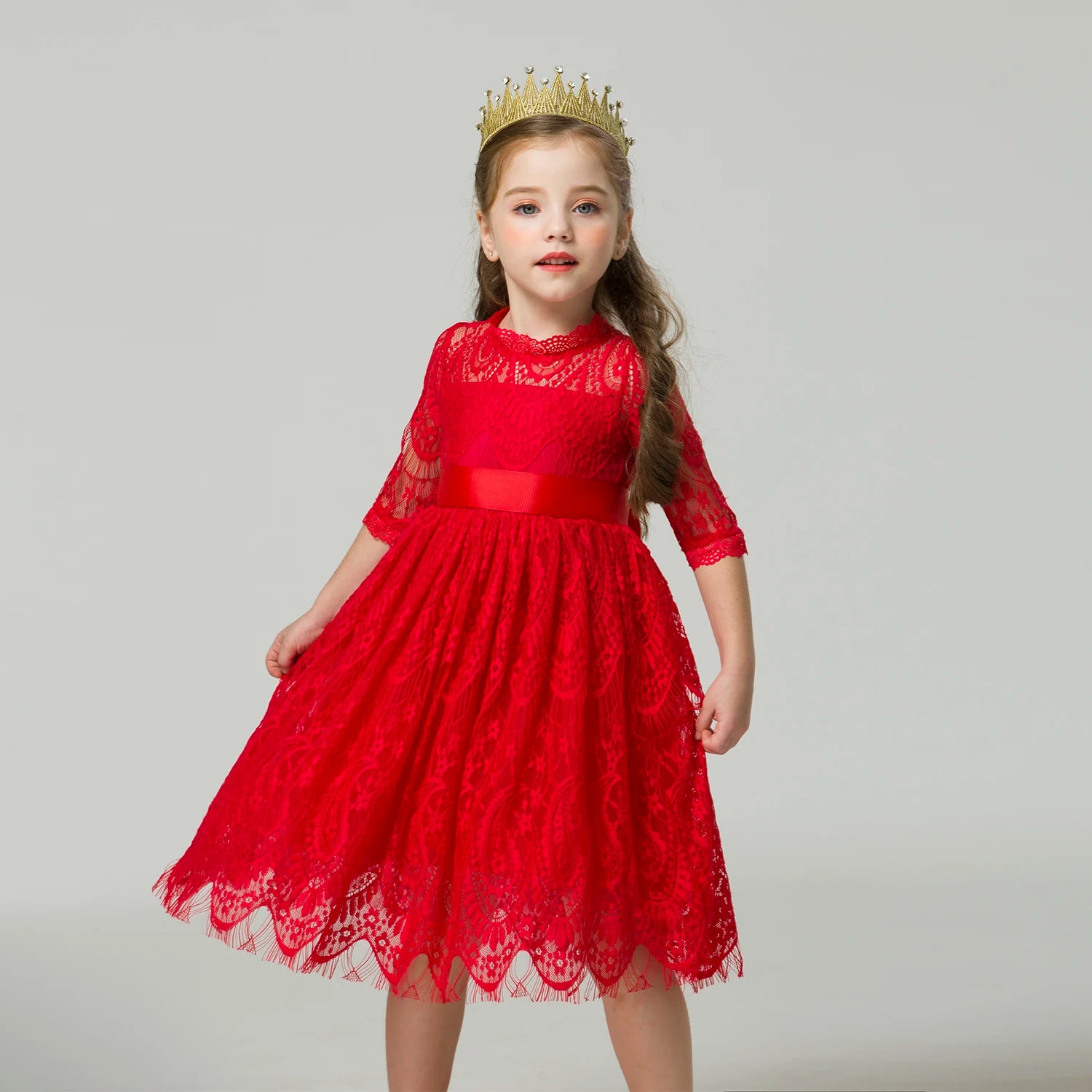 Red Kids Dresses For Girls Flower Lace Tulle Dress Wedding Little Girl Ceremony Party Birthday Dress Children Autumn Clothing