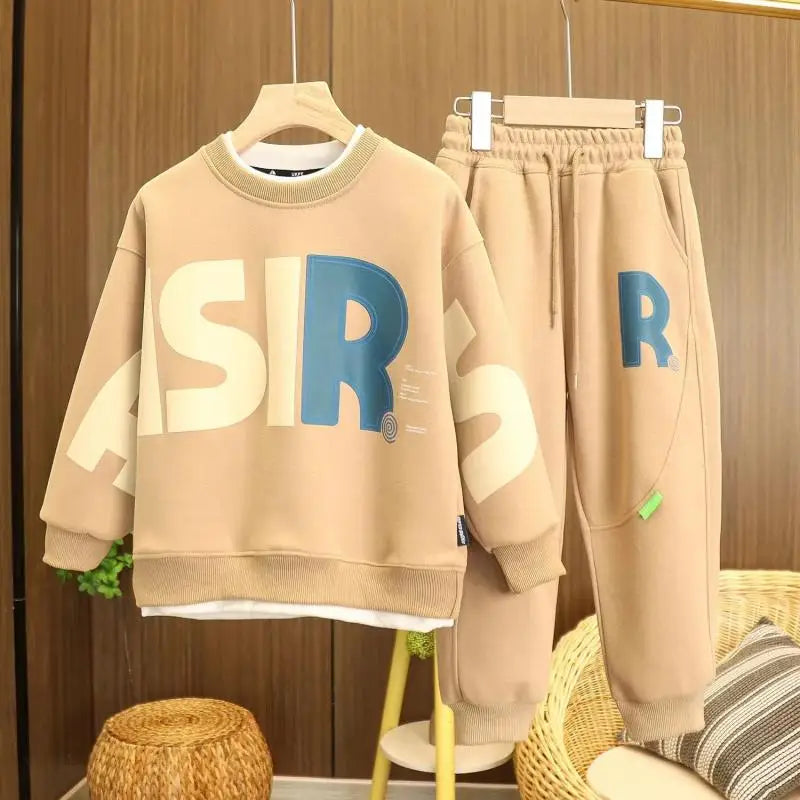 Korea Style Autumn Casual Kids Clothes Boy Set Teenage Letter Print Pullover Sweatshirt Top and Jogger Pants Suit Kids Tracksuit