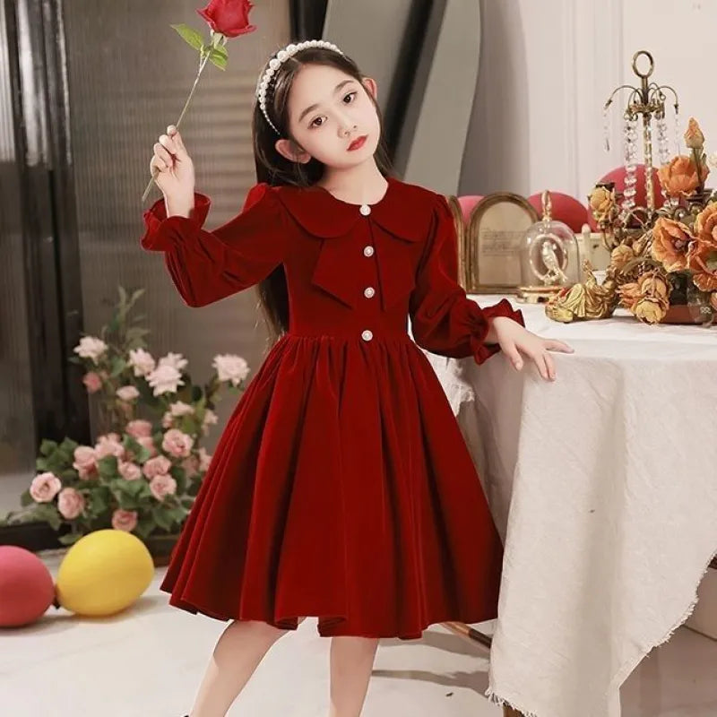 Girls Wine Red Long Sleeve Dress Autumn Winter Children Princess Thick Clothes Kids Christmas Party Piano Performance Dresses