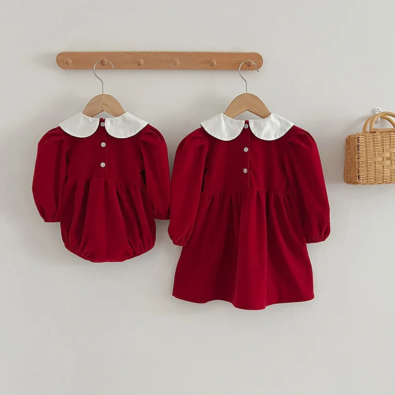 Baby Girls Clothes Autumn Toddler Baby Rompers Princess Dress Red Long Sleeves Girls Dress Christmas Sister Clothing