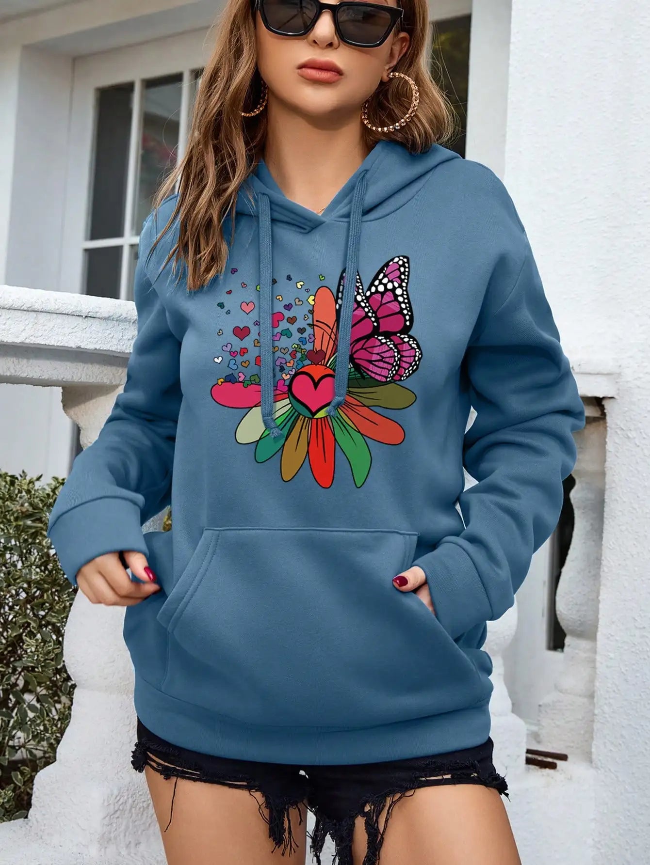 Retro Love Heart Pattern Hoodie For Womens Creative Hip Hop Clothes Pocket All-Match Sportswear Female Fashion Street Hoody