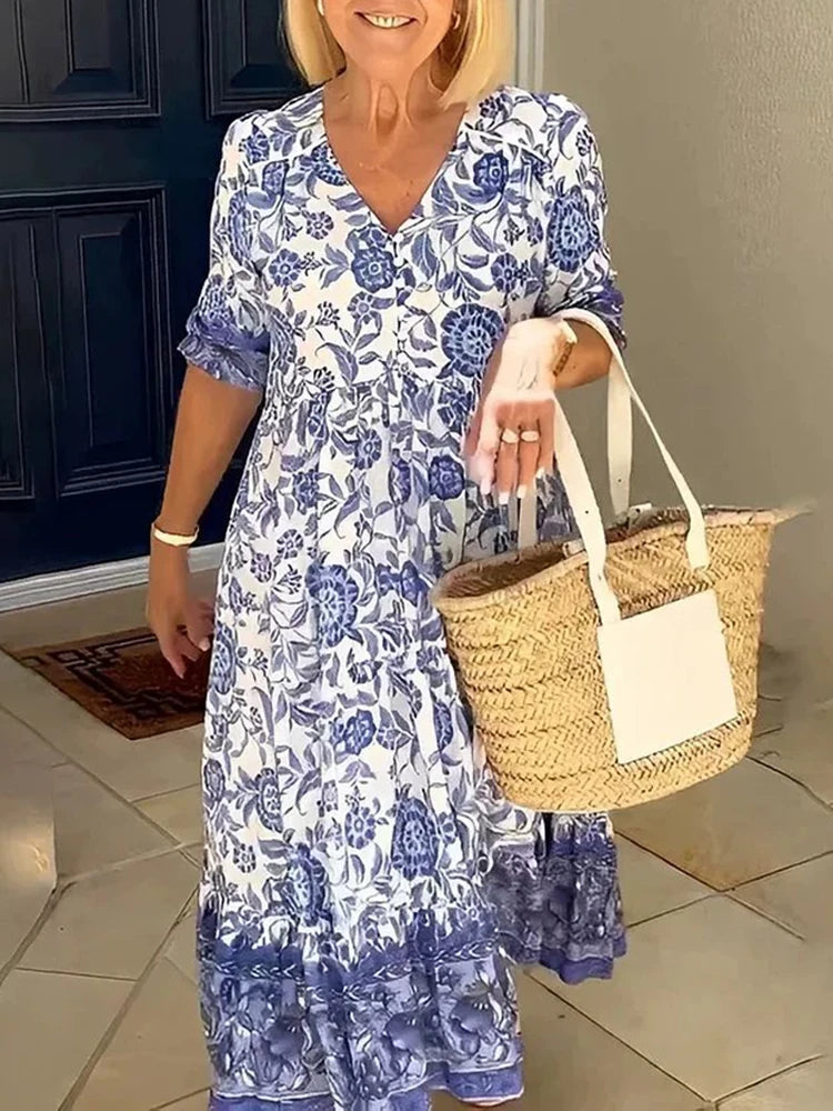 Boho Print Dress Women Summer Long Dress Female Fashion V Neck Half Sleeve Dress Ladies Loose Oversized Beach Party Dress