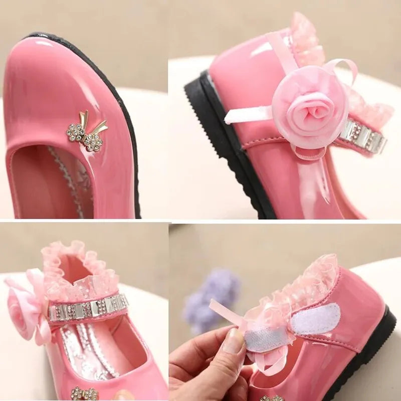 Kid Shoe 2023 New Flower Girl Shoe Spring Autumn Princess Lace PU Leather Shoe Cute Bowknot Rhinestone for3-11 Ages Toddler Shoe