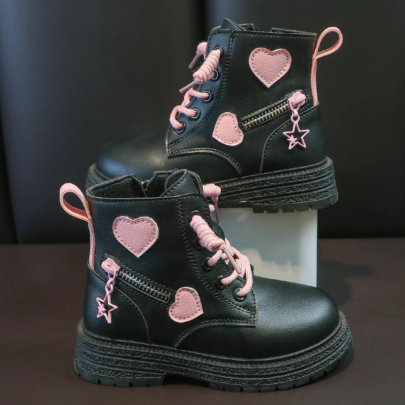 British PU Cool Girls Autumn and Winter Casual Cotton Boots Soft Pink with Love Side Zip Princess Kids Fashion Girls Ankle Boots