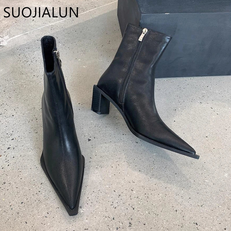 SUOJIALUN 2022 Autumn Women Ankle Boots Fashion Pointed Toe Square Toe Low Heel Ladies Elegant Chelsea Boots Short Boots