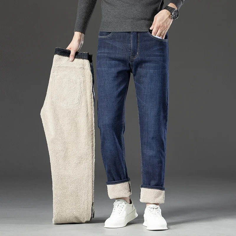 2024 New Winter Men's Warm Slim Jeans Thickened Stretch Fleece Straight Wool Jeans Black Blue Business Casual Fashion Trousers