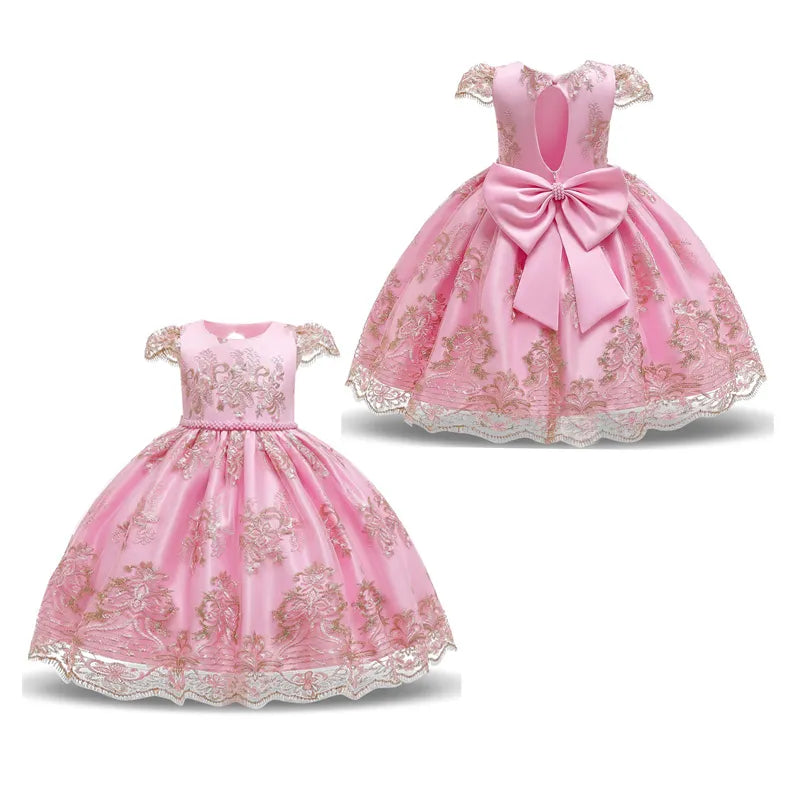 Bow Vintage Embroidery Kids Elegant Princess Dresses for Girls Opening Ceremony Festival Party Girls Gown Baby Baptism Vestidos