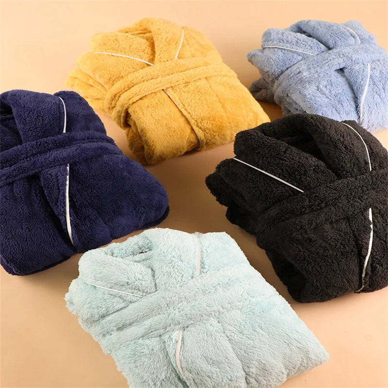 Men's Winter Bathrobe Long Sleeve Warm Turn Down Collar Man Fluffy Bath Robe With Sashes Solid Fleece Dressing Gown For Male