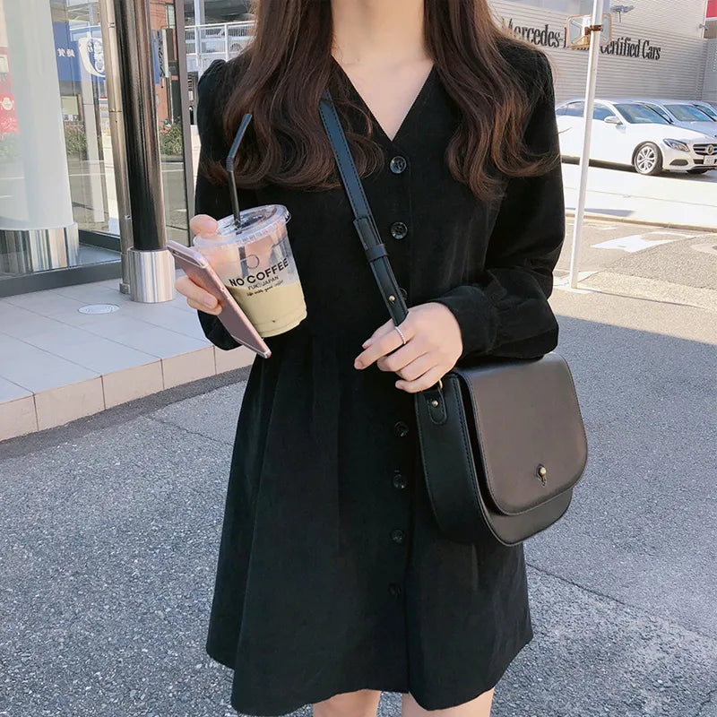 Cute Sweet Dresses Hot Sales Women Fashion Flhjlwoc Retro V Neck Vintage Preppy Style Girls Casual Loose Mini Button Shirt Dress