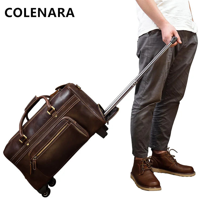 COLENARA 22" Inch New Suitcase Men's Leather Retro Trolley Case Large Capacity Business Handbags with Wheels Rolling Luggage