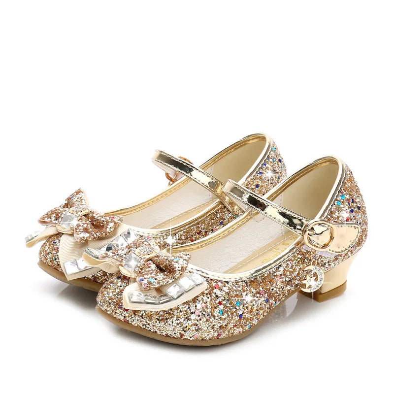 Princess Kids Shoes for Girls Flower Casual Glitter Children High Heel Girls Shoes Butterfly Knot Party Christmas