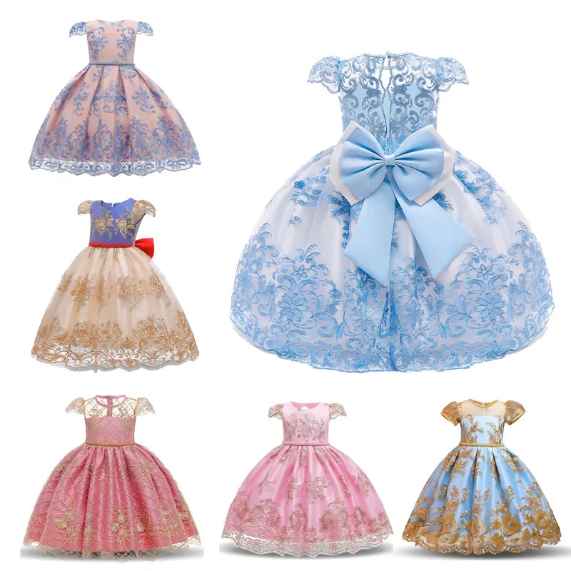 Bow Vintage Embroidery Kids Elegant Princess Dresses for Girls Opening Ceremony Festival Party Girls Gown Baby Baptism Vestidos