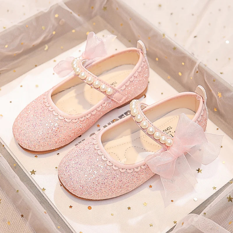 Children Fashion Girls Mary Janes for Party Wedding Shows 2023 Side Bow Pearls Elegant Princess Shoes Chic Kids Shoes Non-slip