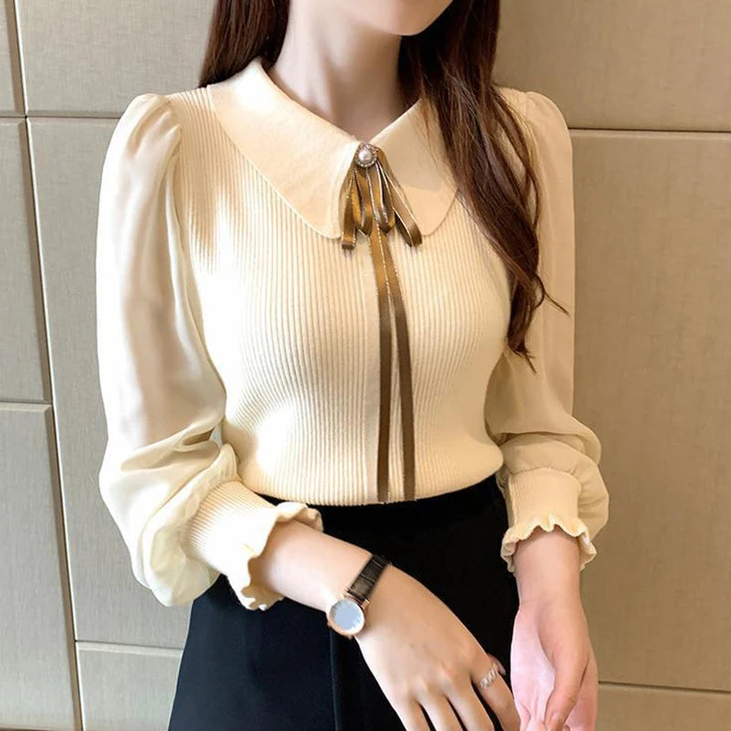 Women Patchwork Sweater Chiffon Lantern Sleeve Turn-down Collar Pullover Office Lady Sweater For Women 2023 Autumn Winter