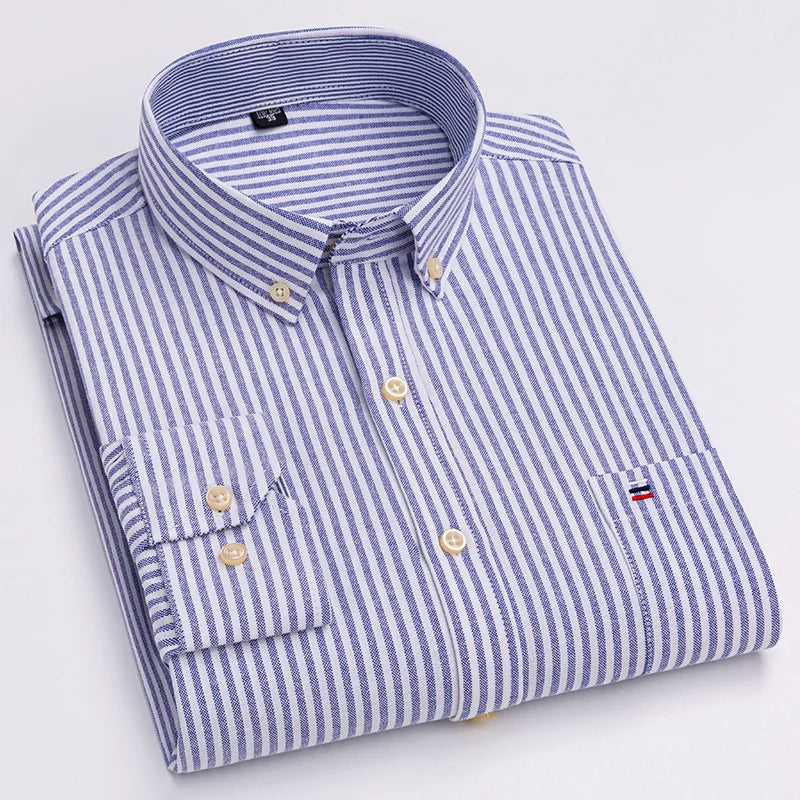 Men Oxford Fashion 100% Cotton  Long Sleeve Casual Slim Solid Color Plaid Print Stripe Formal Dress Shirt Plus Size