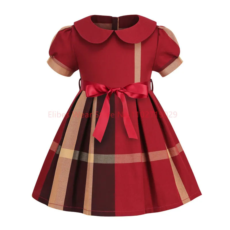 2023 New Arrival Summer Girls Princess Dress Short-Sleeved Cotton Fashion Casual Plaid Clothes Bow Cute Kids Baby Wear 2-7 Years