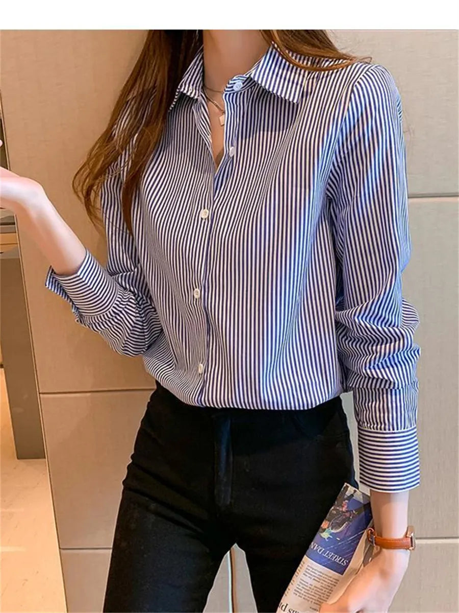 Women Spring Summer Blouses Shirts Lady Fashion Casual Long Sleeve Turn-down Blue Stripes Blusas Tops WY0304