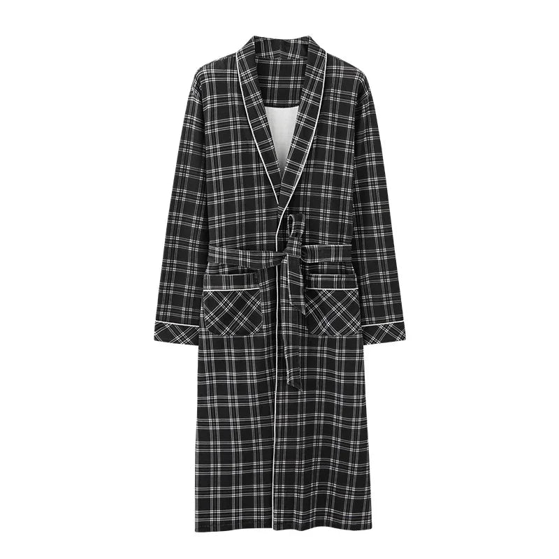 Pure Cotton Long Bath Robe Spring Autumn Plaid Bathrobe Men Sleepwear Kimono Robes For Male Full Bride Robe Dressing Gown M-4XL