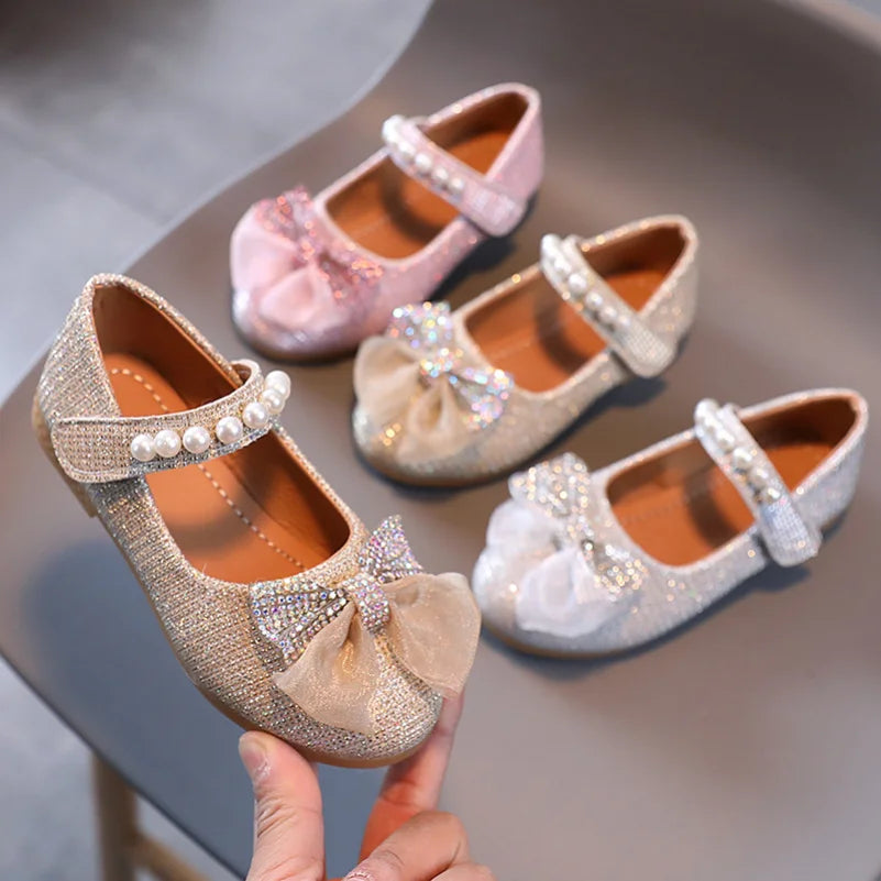 2023  Spring Girls Leather Shoes Princess Cute Bow Pearl Baby Girl Shoes Soft Bottom Kids Sneakers Toddler Shoes