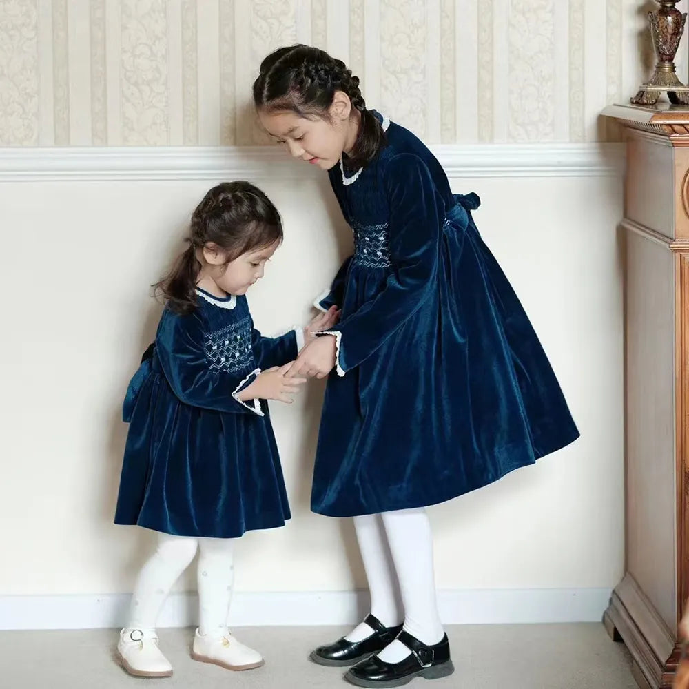 Children Vintage Clothing Girls Blue Velvet Dress Handmade Smocking Princess Christmas Eid Birthday Palace New Year Clothes